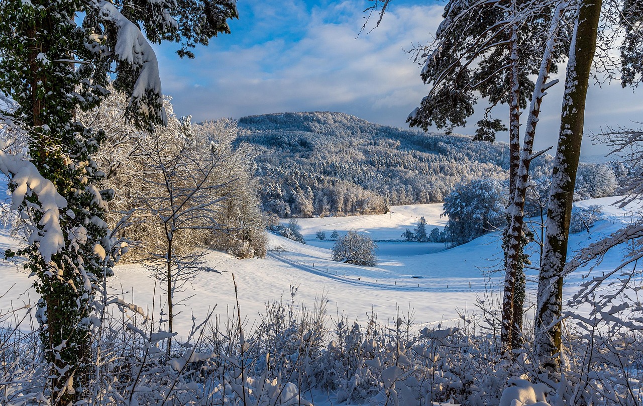 Vallée du Queyras recouverte de neige avec montagnes à l’horizon.