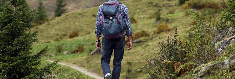 Randonneur sur un sentier de montagne dans le Queyras avant une rencontre avec un patou